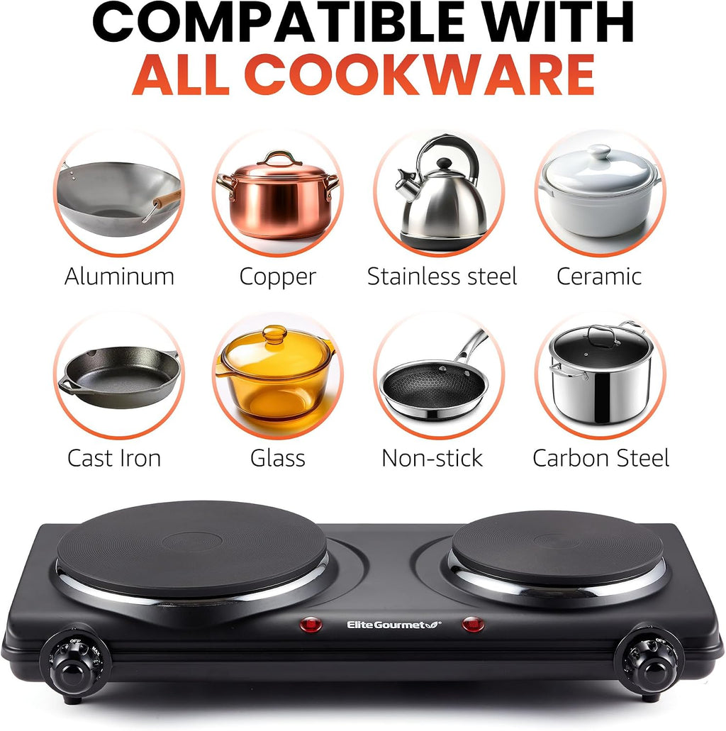 Elite Gourmet Double Cast Iron Burner, 1500W Hot Plate, Adjustable Temp