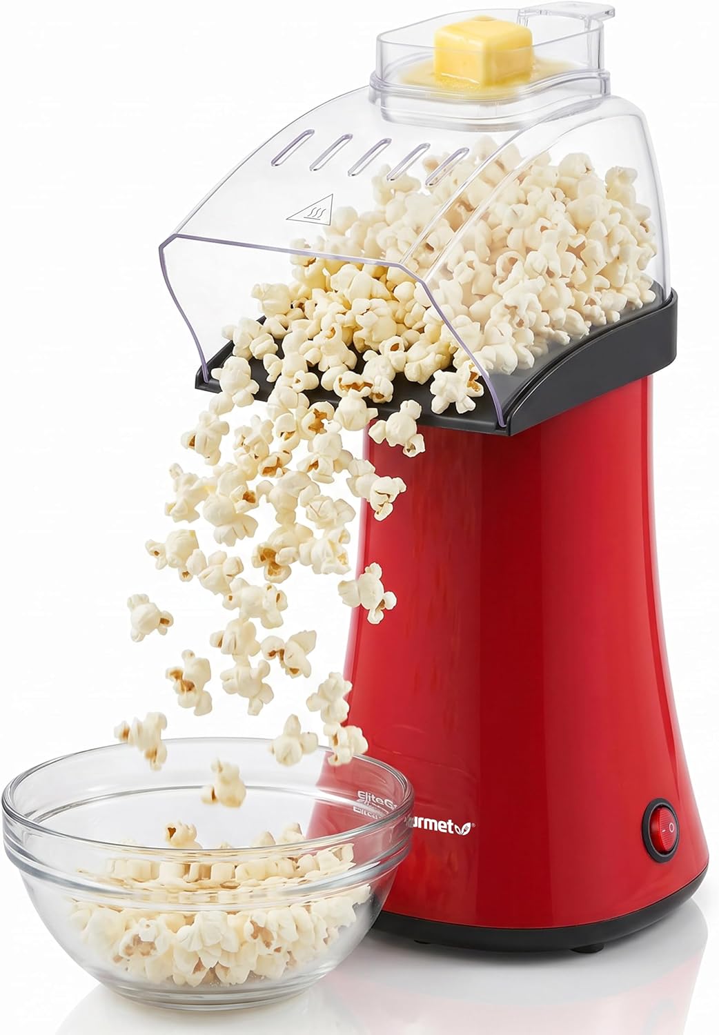 Elite Gourmet Fast Hot Air Popcorn Popper, 1300W Electric Popcorn Maker with Measuring Cup & Butter Melting Tray, Oil-Free, Great for Home Party Kids, Safety ETL Approved, 4-Quart, Yellow