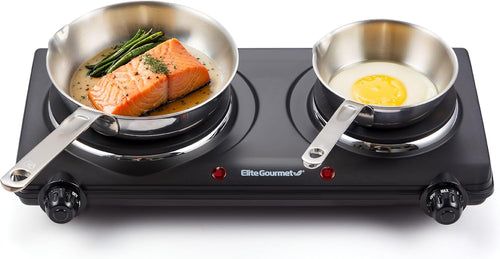 Elite Gourmet Double Cast Iron Burner, 1500W Hot Plate, Adjustable Temp