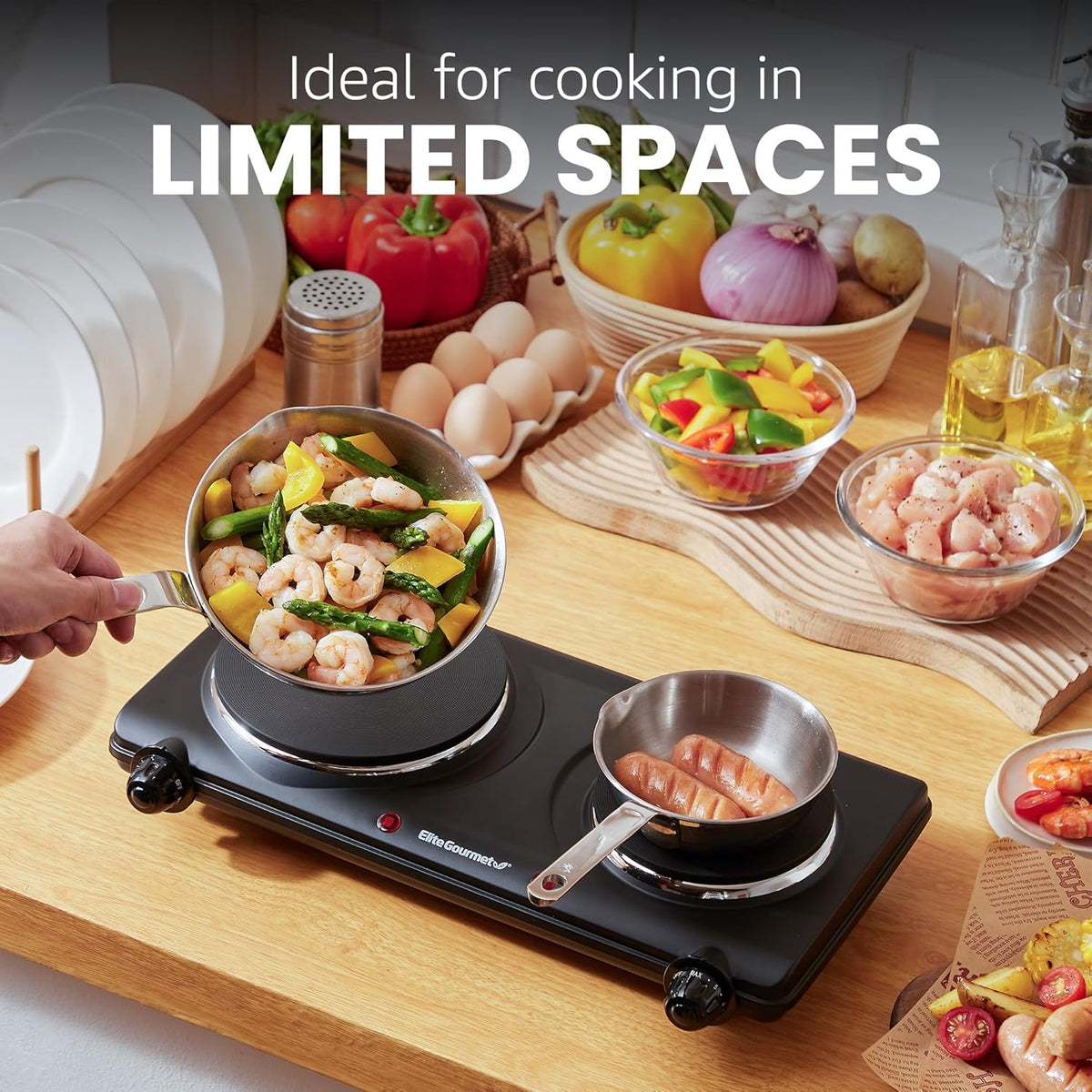 Elite Gourmet Double Cast Iron Burner, 1500W Hot Plate, Adjustable Temp