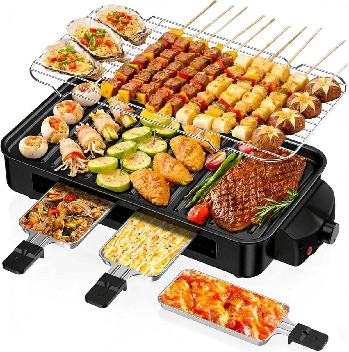 Electric Indoor Grill 1500W -2 in 1 Smokeless Indoor Grill for Kitchen with Non-stick Removable Grill & Griddle Plate,Temperature Control Korean BBQ Grill with 3 Cheese Pans Dishwasher Safe