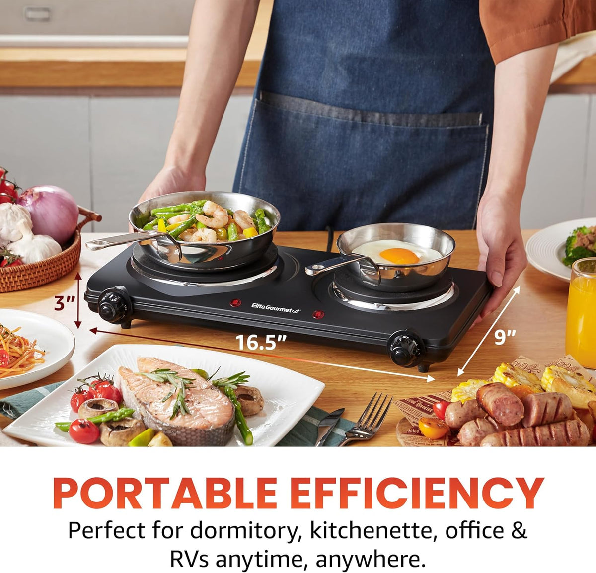 Elite Gourmet Double Cast Iron Burner, 1500W Hot Plate, Adjustable Temp