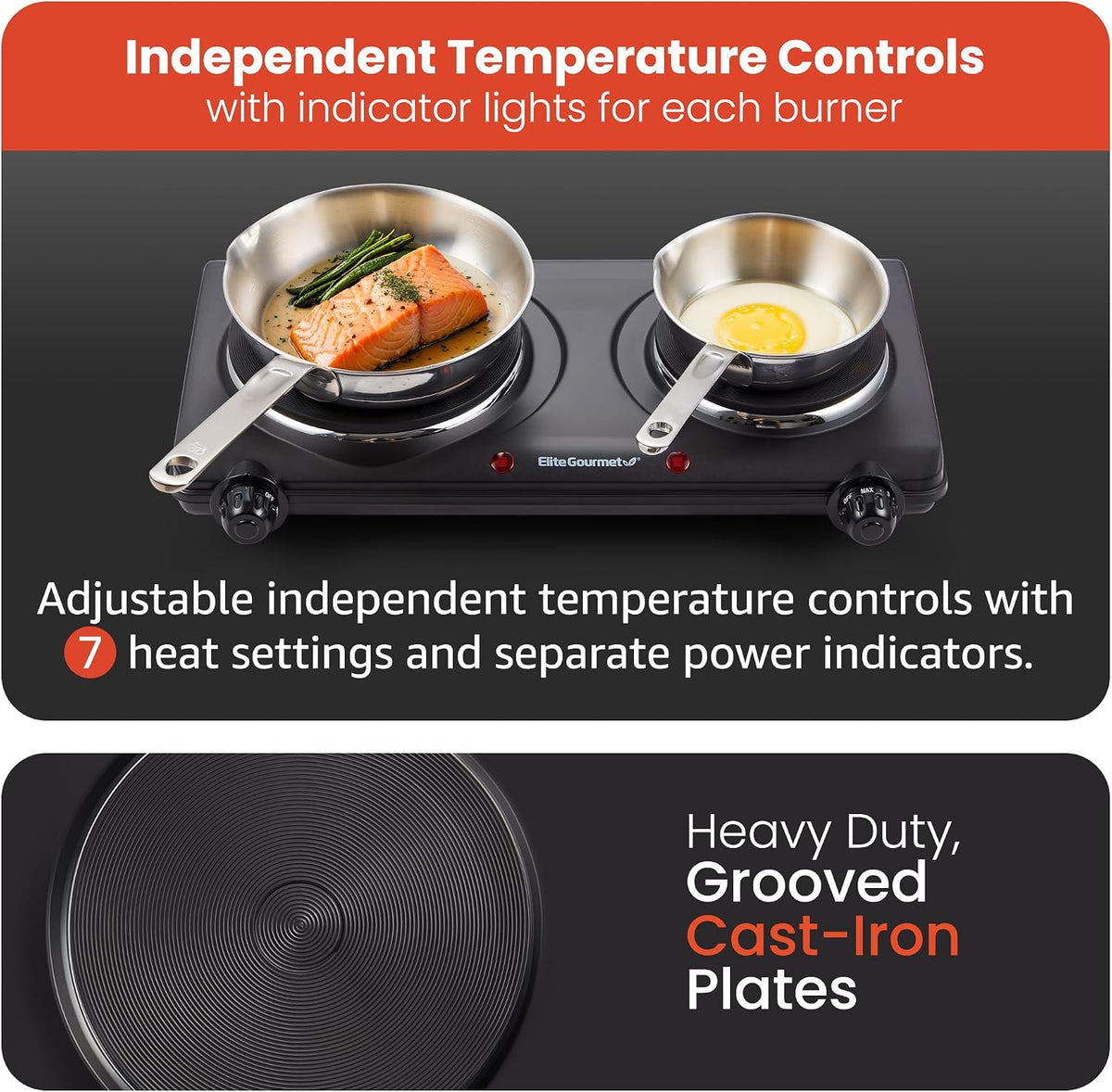 Elite Gourmet Double Cast Iron Burner, 1500W Hot Plate, Adjustable Temp