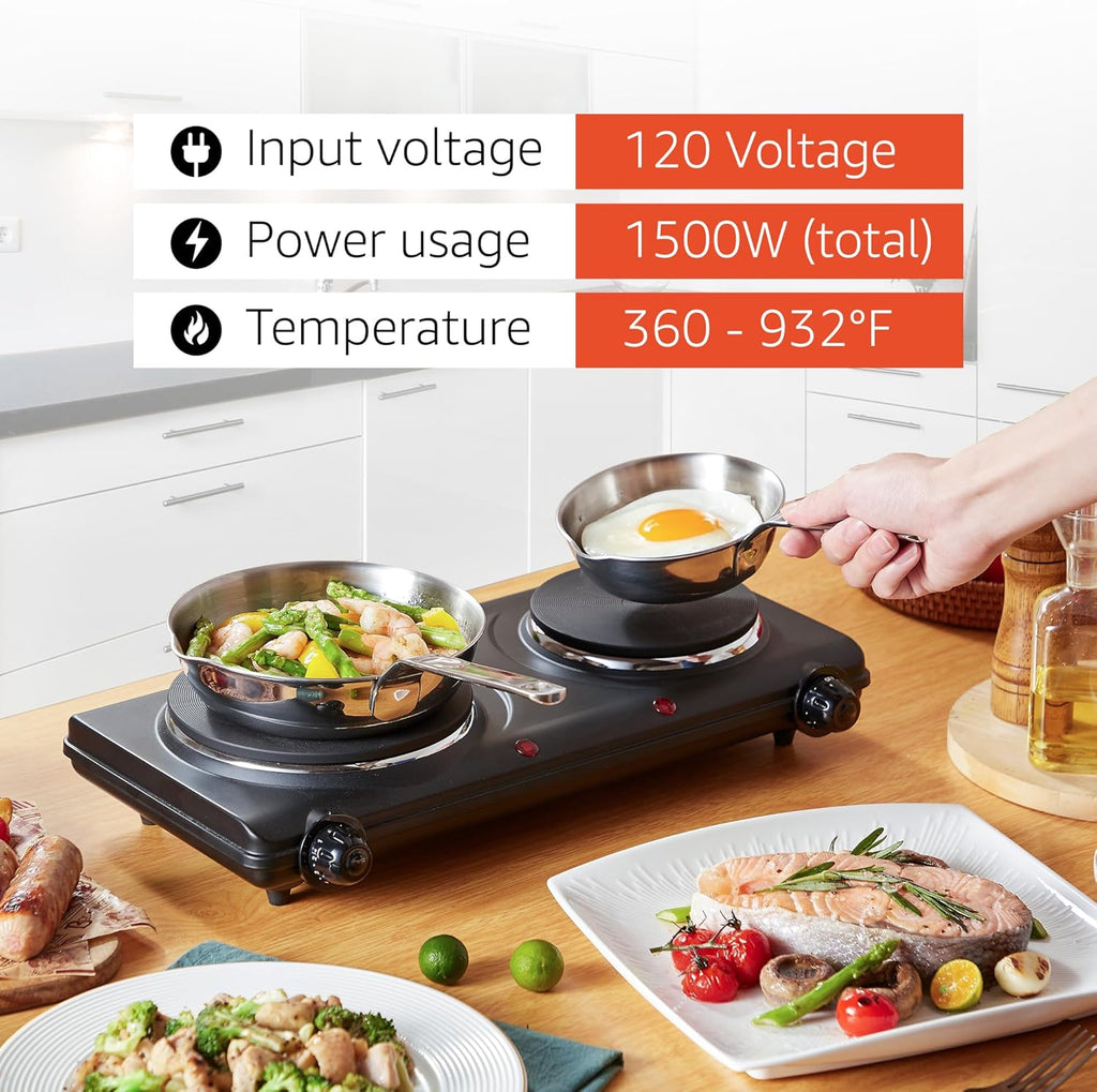 Elite Gourmet Double Cast Iron Burner, 1500W Hot Plate, Adjustable Temp