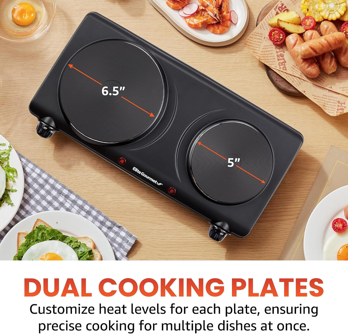 Elite Gourmet Double Cast Iron Burner, 1500W Hot Plate, Adjustable Temp