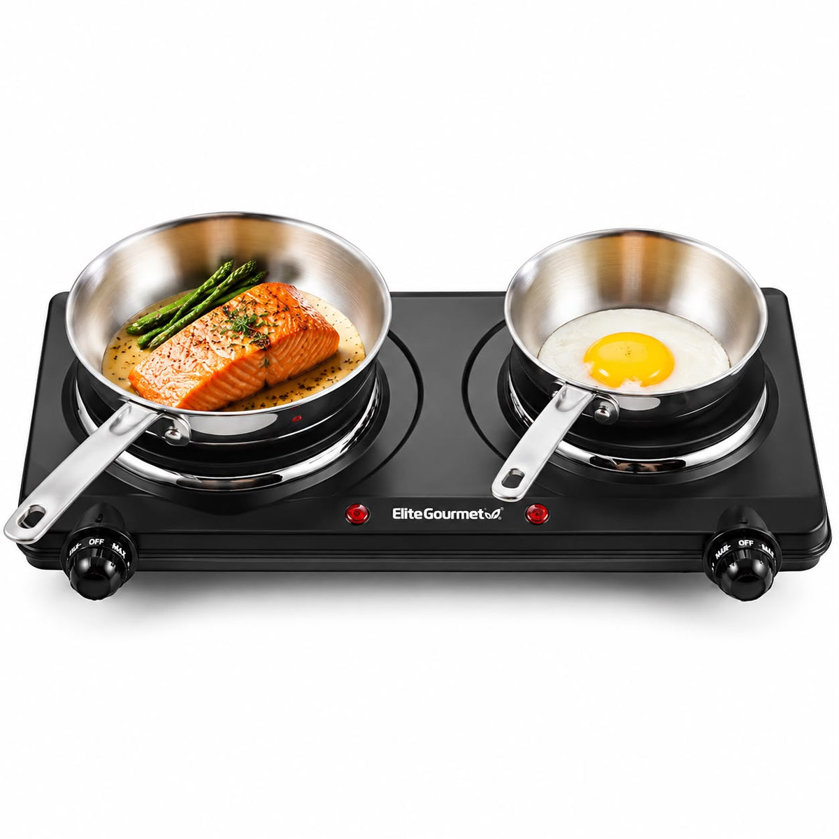 Elite Gourmet Double Cast Iron Burner, 1500W Hot Plate, Adjustable Temp